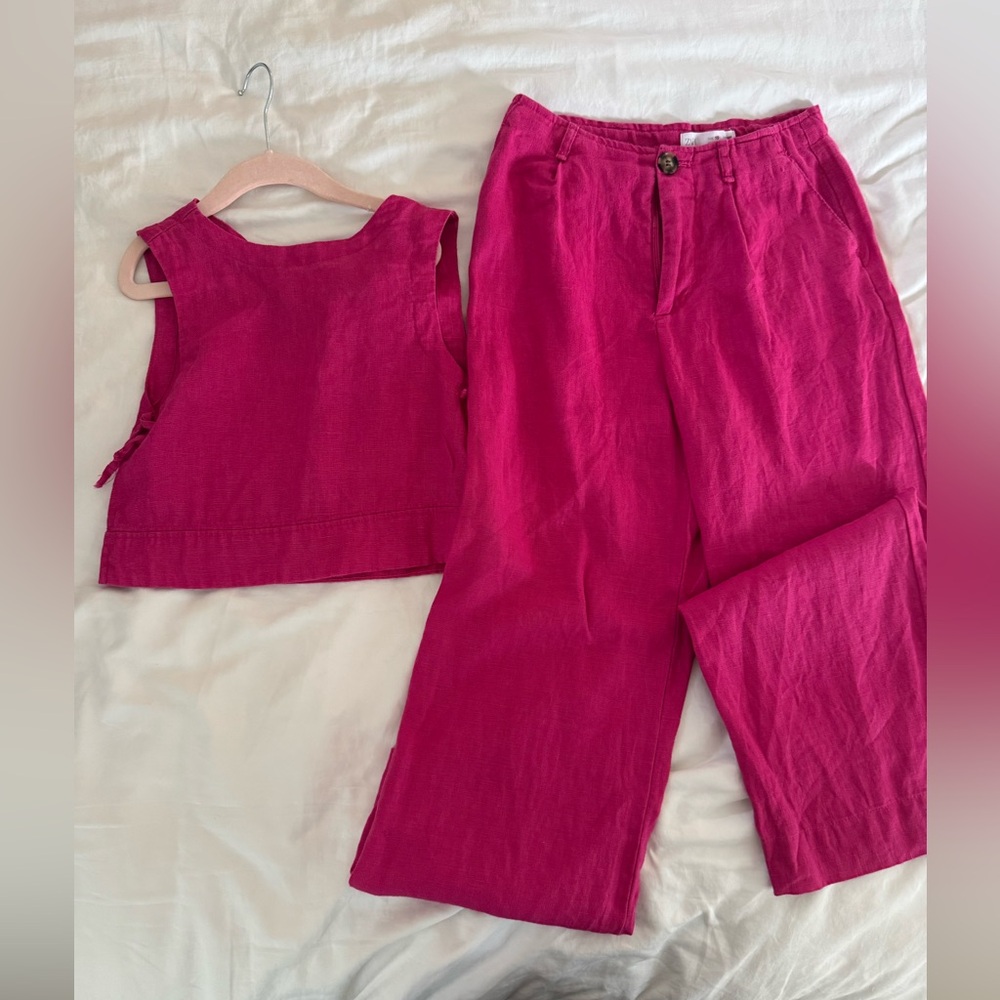 Pink Zara Linen top with ties and matching linen pants size 9